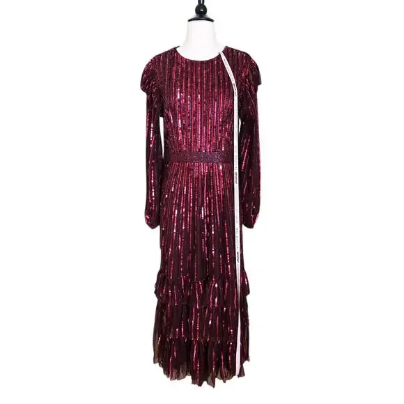 Mac Duggal 23003 Burgundy Sequin Midi Ruffle Long Sleeve Formal Gown 12